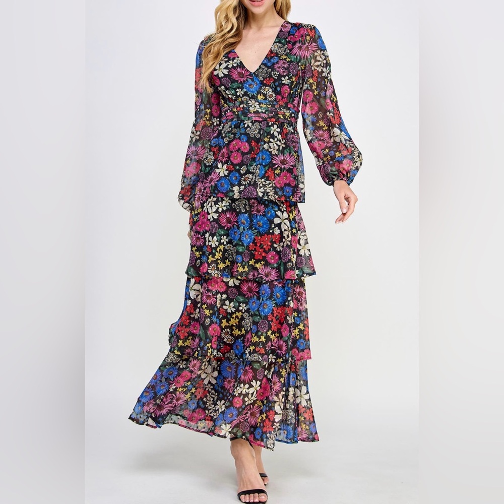 KOKO + MASON Black Floral Print Open Back Long Sleeve Maxi Dress‎